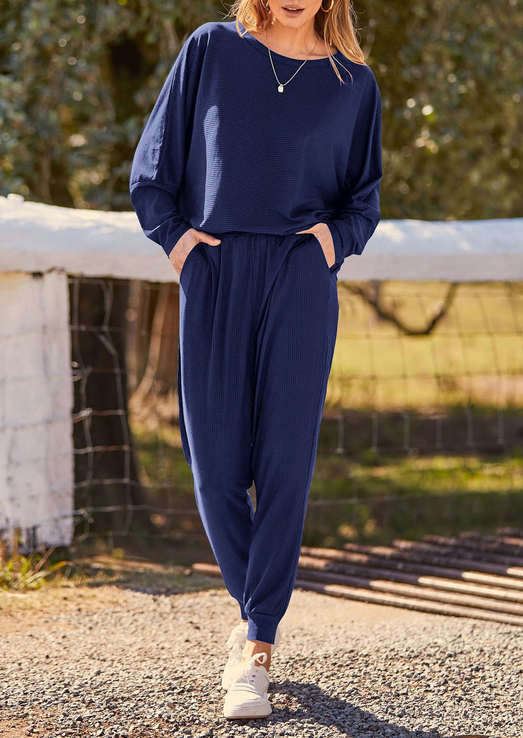 PRETTYGARDEN Women's Fall 2 Piece Lounge Set Long Sleeve Tops Ribbed Pants Spring Matching Sweatsuit Travel Outfits Clothes