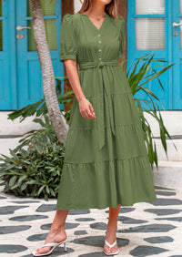 PRETTYGARDEN Women's Midi Dress Casual Short Sleeve V Neck Buttons Belted Ruffle A Line Flowy Dress with Pockets