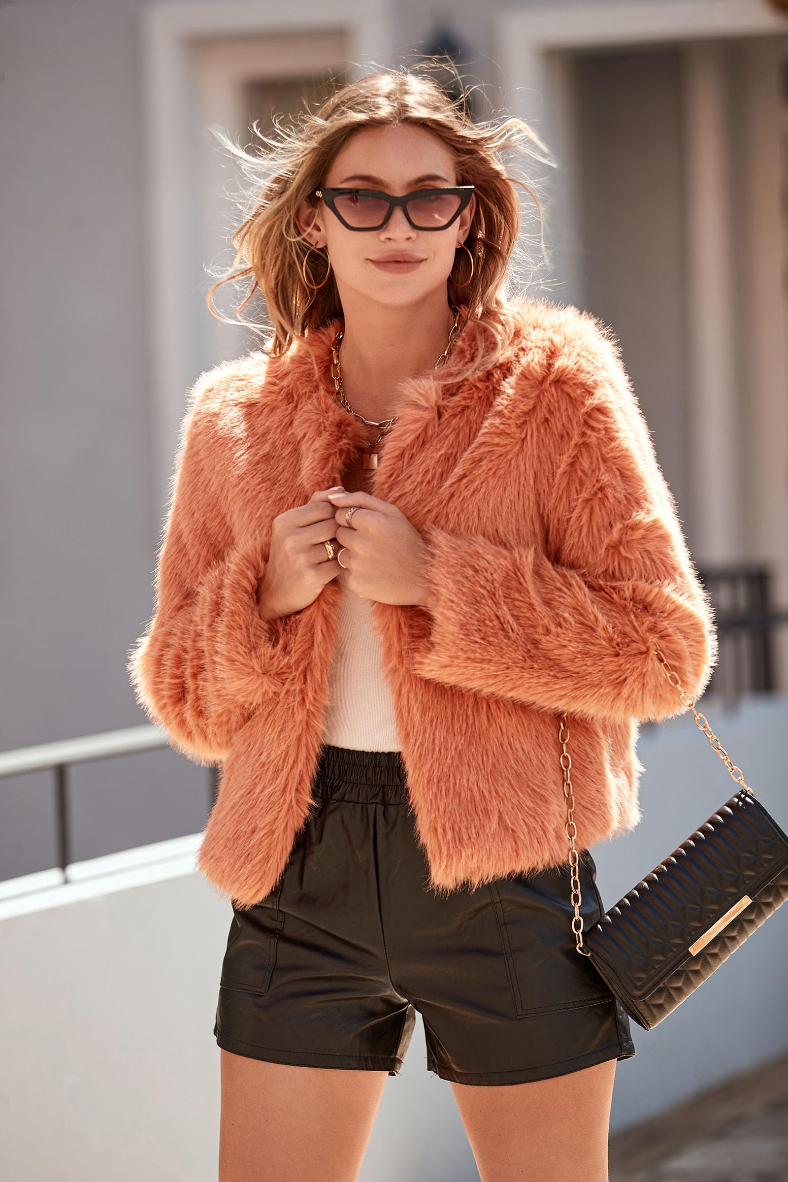 PRETTYGARDEN Women's Winter Coats Fleece Cropped Jacket Faux Fur Long Sleeve Pockets Shaggy Warm Outerwear Fall Clothes