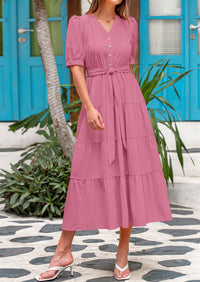 PRETTYGARDEN Women's Midi Dress Casual Short Sleeve V Neck Buttons Belted Ruffle A Line Flowy Dress with Pockets