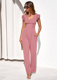 PRETTYGARDEN One Piece Jumpsuits For Women Dressy Ruffle Cap Sleeve V Neck Ribbed Knit Wide Leg Romper Spring Outfits PRETTYGARDEN