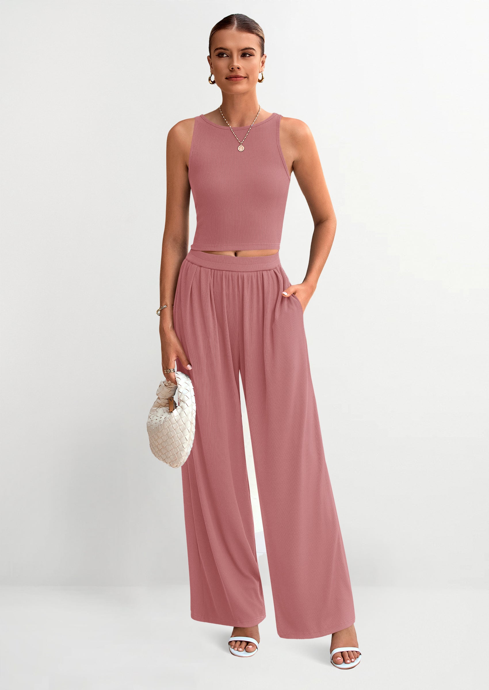 PRETTYGARDEN Two Piece Sets Ribbed Knit Crew Neck Sleeveless Tank Tops Wide Leg Pants Casual Lounge Set