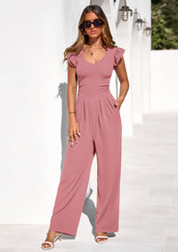 PRETTYGARDEN One Piece Jumpsuits For Women Dressy Ruffle Cap Sleeve V Neck Ribbed Knit Wide Leg Romper Spring Outfits PRETTYGARDEN