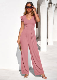PRETTYGARDEN One Piece Jumpsuits For Women Dressy Ruffle Cap Sleeve V Neck Ribbed Knit Wide Leg Romper Spring Outfits PRETTYGARDEN