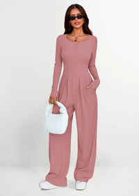 PRETTYGARDEN Jumpsuits for Women Dressy Casual Fall One Piece Outfits Long Sleeve Crew Neck Wide Leg Pants Rompers
