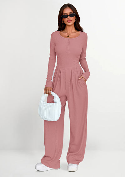 PRETTYGARDEN Jumpsuits for Women Dressy Casual Fall One Piece Outfits Long Sleeve Crew Neck Wide Leg Pants Rompers