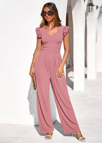 PRETTYGARDEN One Piece Jumpsuits For Women Dressy Ruffle Cap Sleeve V Neck Ribbed Knit Wide Leg Romper Spring Outfits PRETTYGARDEN