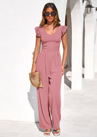 PRETTYGARDEN One Piece Jumpsuits For Women Dressy Ruffle Cap Sleeve V Neck Ribbed Knit Wide Leg Romper Spring Outfits PRETTYGARDEN