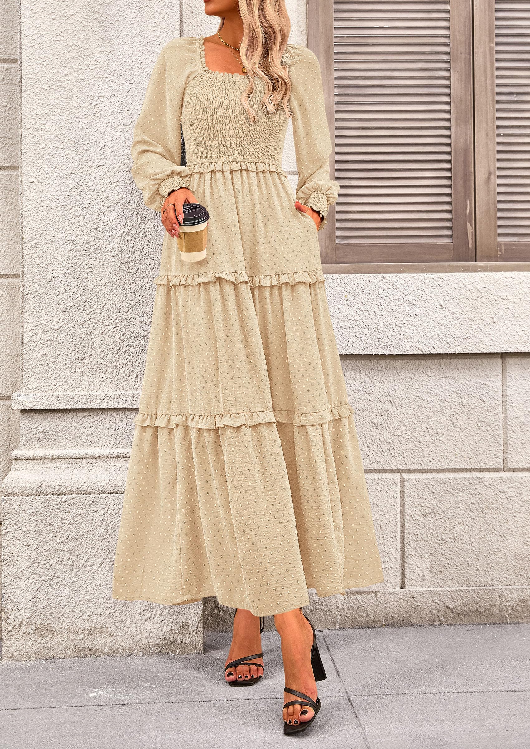 PRETTYGARDEN Women Fall Long Sleeve Smocked Maxi Dress Casual Square Neck Swiss Dot Tiered Ruffle Flowy Spring Pocket Dresses