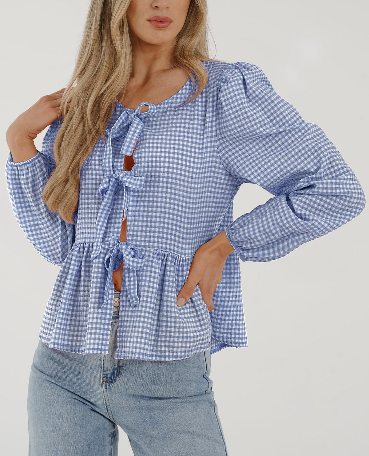 Babydoll Peplum Blouse Shirt Puff Long Sleeve Bow Tie Front Trendy Cute Y2K Going Out Tops