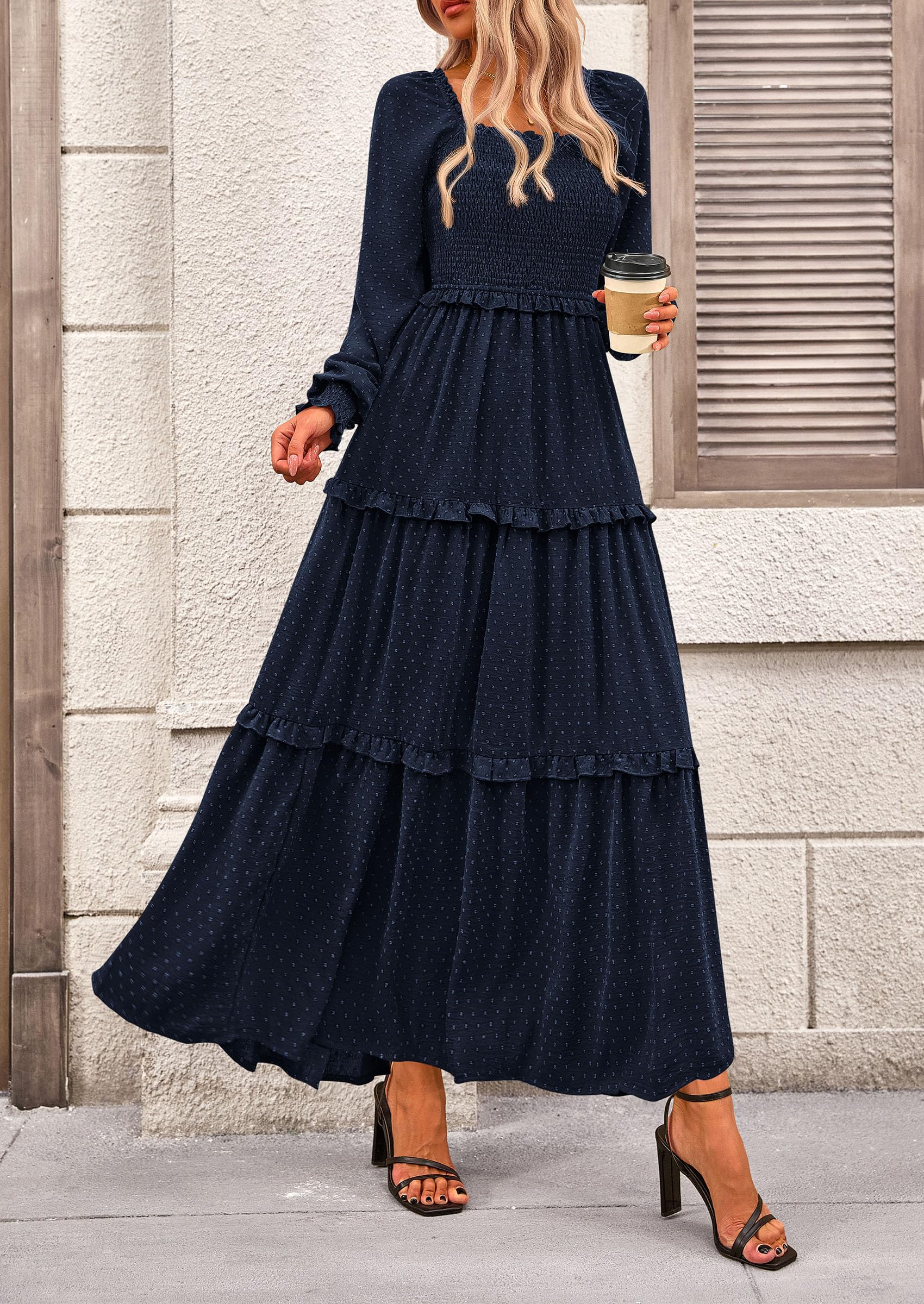 PRETTYGARDEN Women Fall Long Sleeve Smocked Maxi Dress Casual Square Neck Swiss Dot Tiered Ruffle Flowy Spring Pocket Dresses