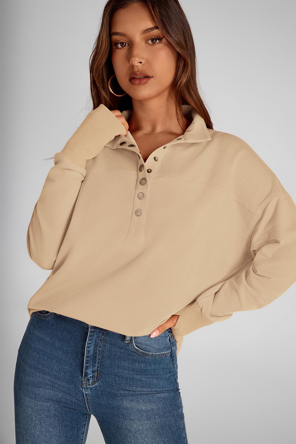 Women's Fall Fashion Button Up Sweatshirt Long Sleeve V Neck Loose Fit Casual Trendy Going Out Pullover Tops