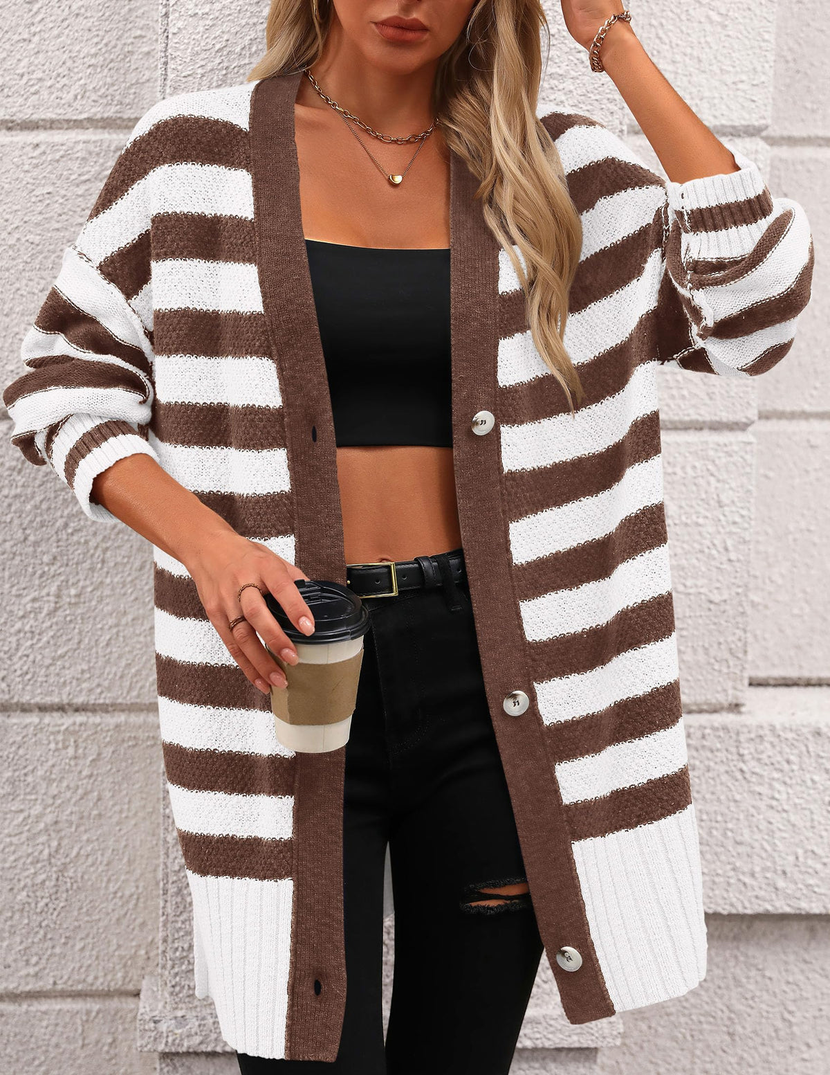 Striped Cardigan Sweaters Long Sleeve Button Down Chunky Knit Oversized Fall Sweater Coat