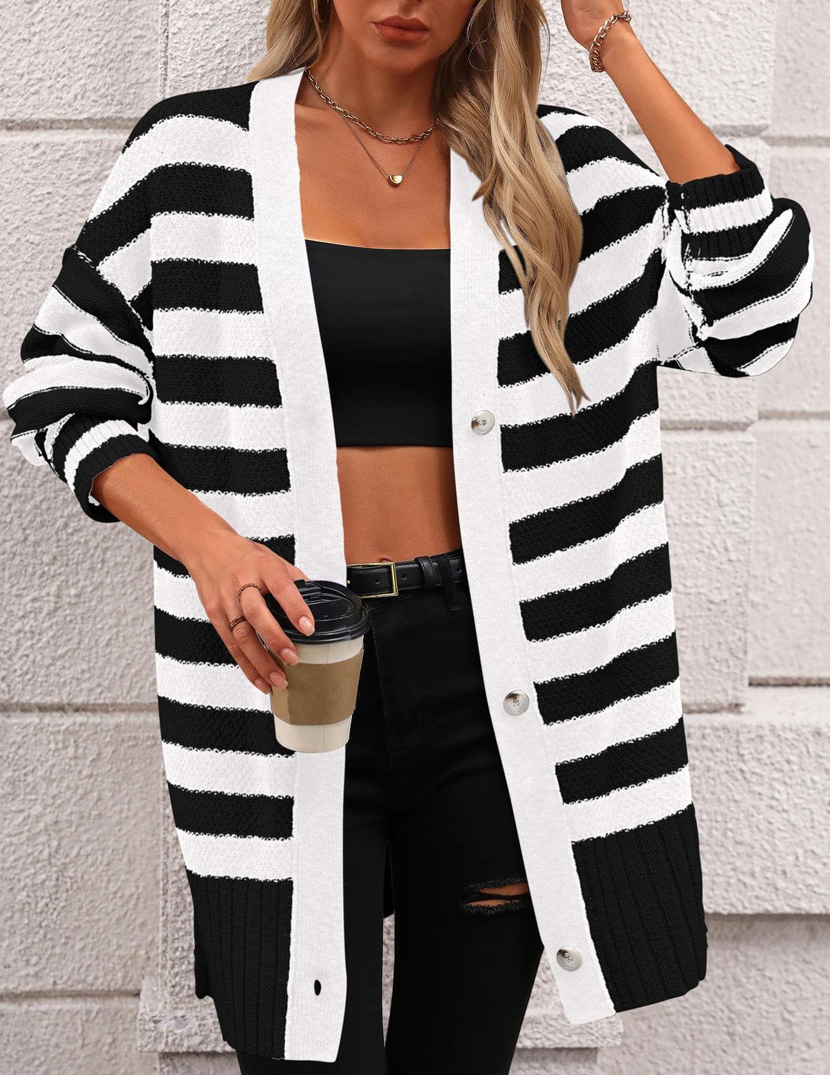 Striped Cardigan Sweaters Long Sleeve Button Down Chunky Knit Oversized Fall Sweater Coat