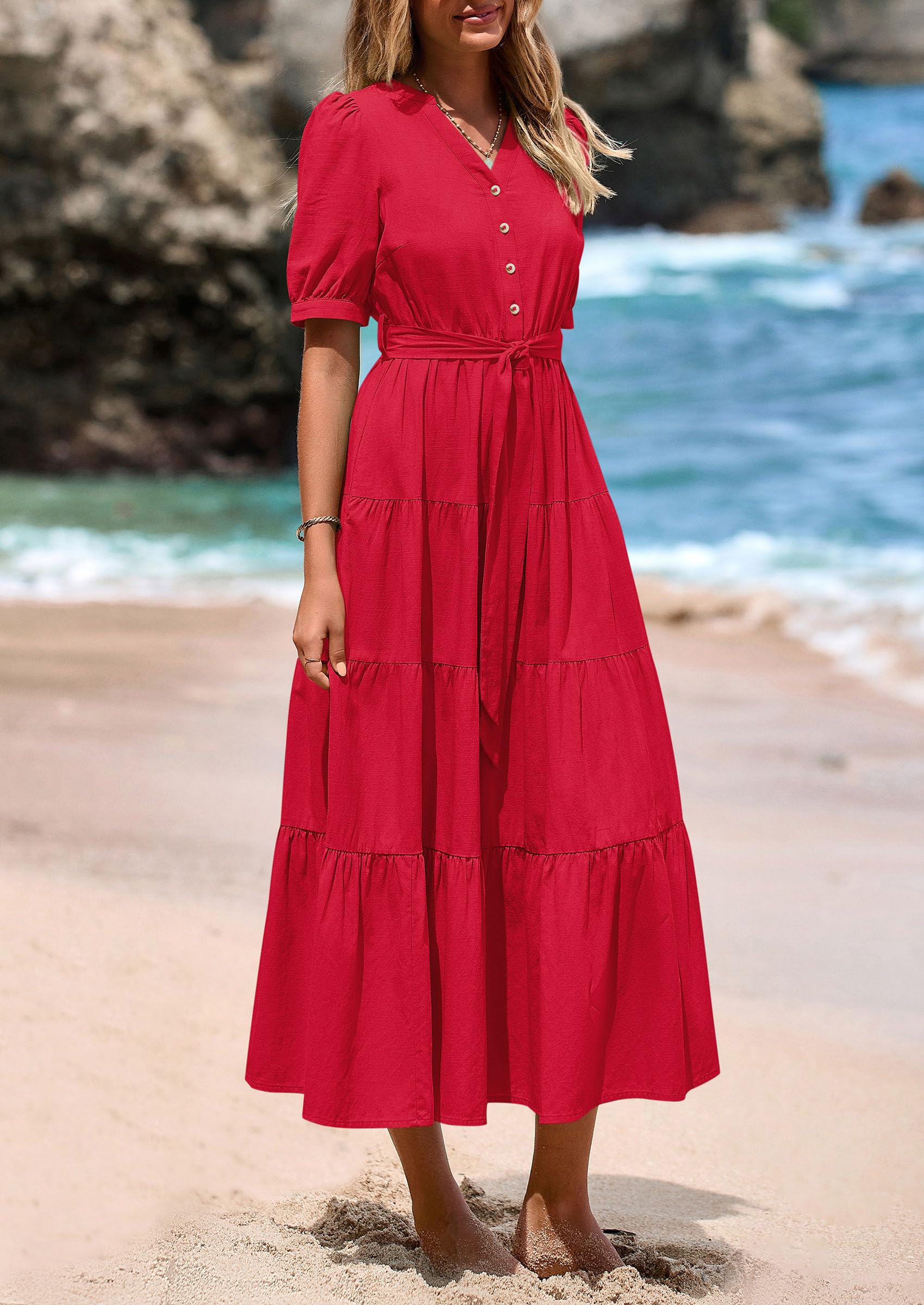 PRETTYGARDEN Women's Midi Dress Casual Short Sleeve V Neck Buttons Belted Ruffle A Line Flowy Dress with Pockets