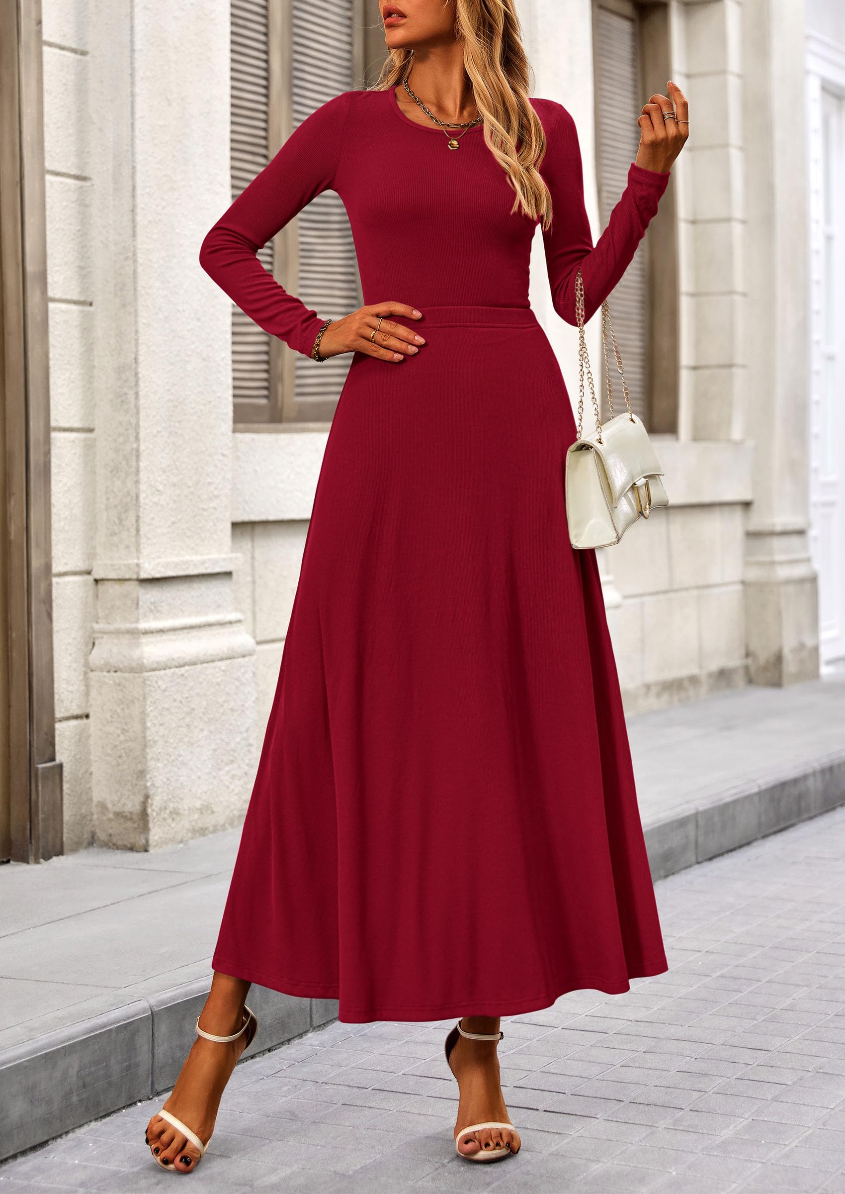 PRETTYGARDEN 2 Piece Casual Ribbed Knit Long Sleeve Crop Tops Maxi Flowy Skirts Matching Sets