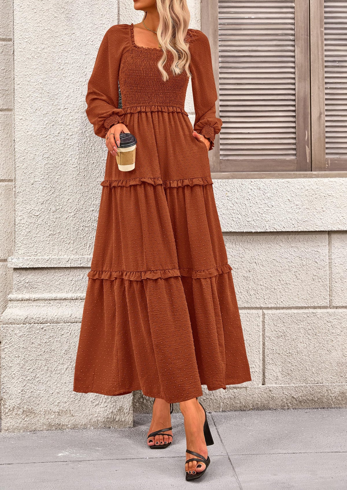 Women's Long Sleeve Smocked Maxi Dress Casual Square Neck Swiss Dot Tiered Ruffle Flowy Pocket Dresses