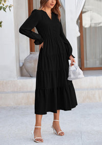 Women's Fall Maxi Dress Long Sleeve V Neck Tiered Ruffle Flowy A Line Cocktail Party Dresses