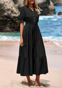 PRETTYGARDEN Women's Midi Dress Casual Short Sleeve V Neck Buttons Belted Ruffle A Line Flowy Dress with Pockets