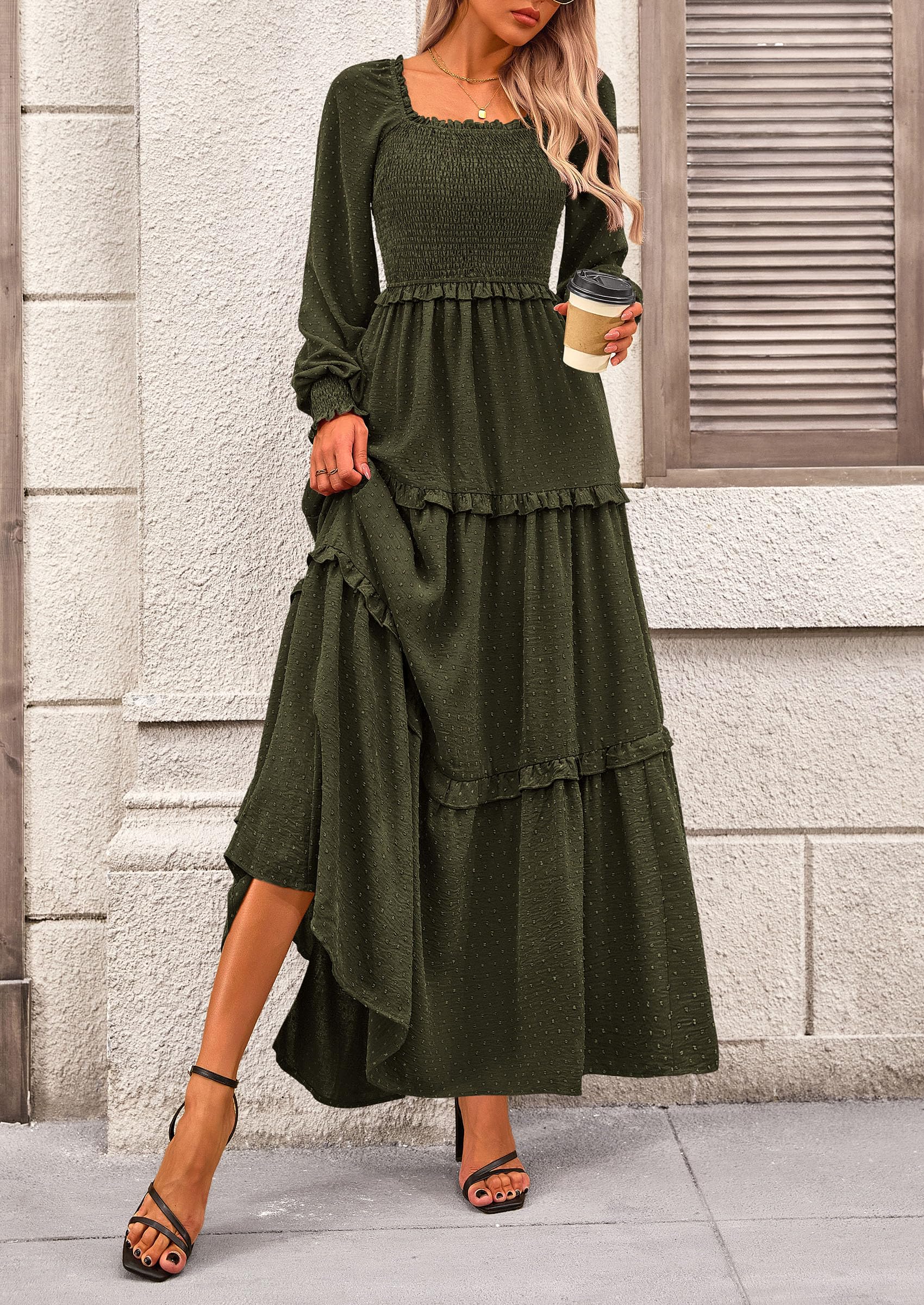 PRETTYGARDEN Women Fall Long Sleeve Smocked Maxi Dress Casual Square Neck Swiss Dot Tiered Ruffle Flowy Spring Pocket Dresses