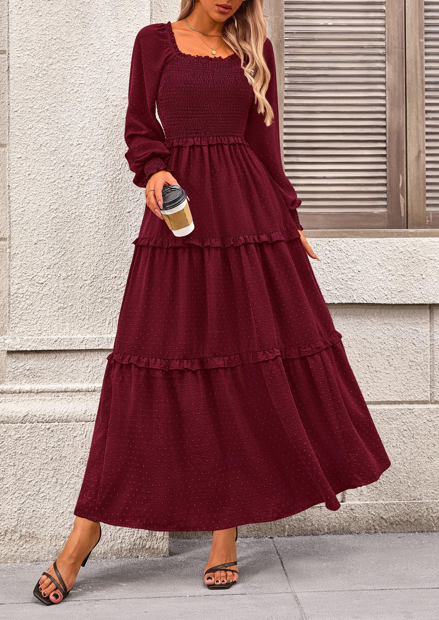 PRETTYGARDEN Women Fall Long Sleeve Smocked Maxi Dress Casual Square Neck Swiss Dot Tiered Ruffle Flowy Spring Pocket Dresses