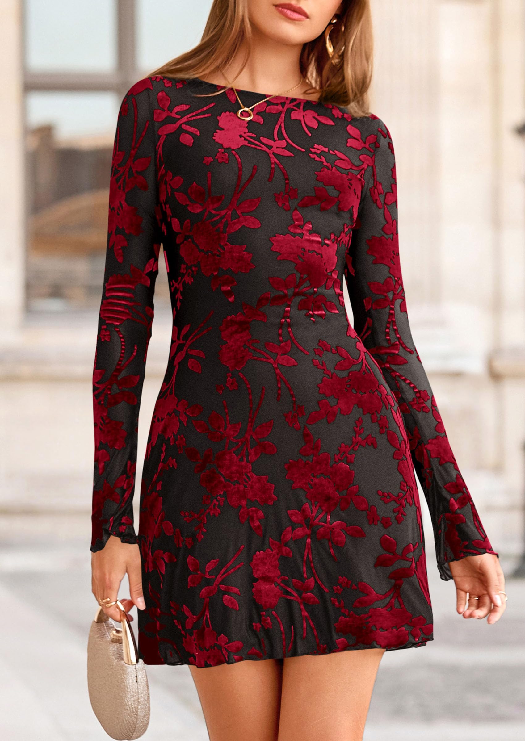 PRETTYGARDEN Women's Fall Fashion Floral Long Sleeve Mini Dress Mesh Bodycon Short Party Date Night Going Out Dresses