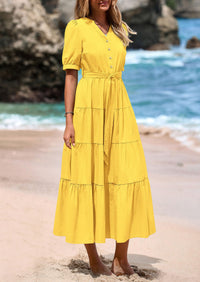 PRETTYGARDEN Women's Midi Dress Casual Short Sleeve V Neck Buttons Belted Ruffle A Line Flowy Dress with Pockets