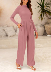 Women's Jumpsuit Dressy Casual One Piece Outfits Long Sleeve Mock Neck Wide Leg Pants Rompers