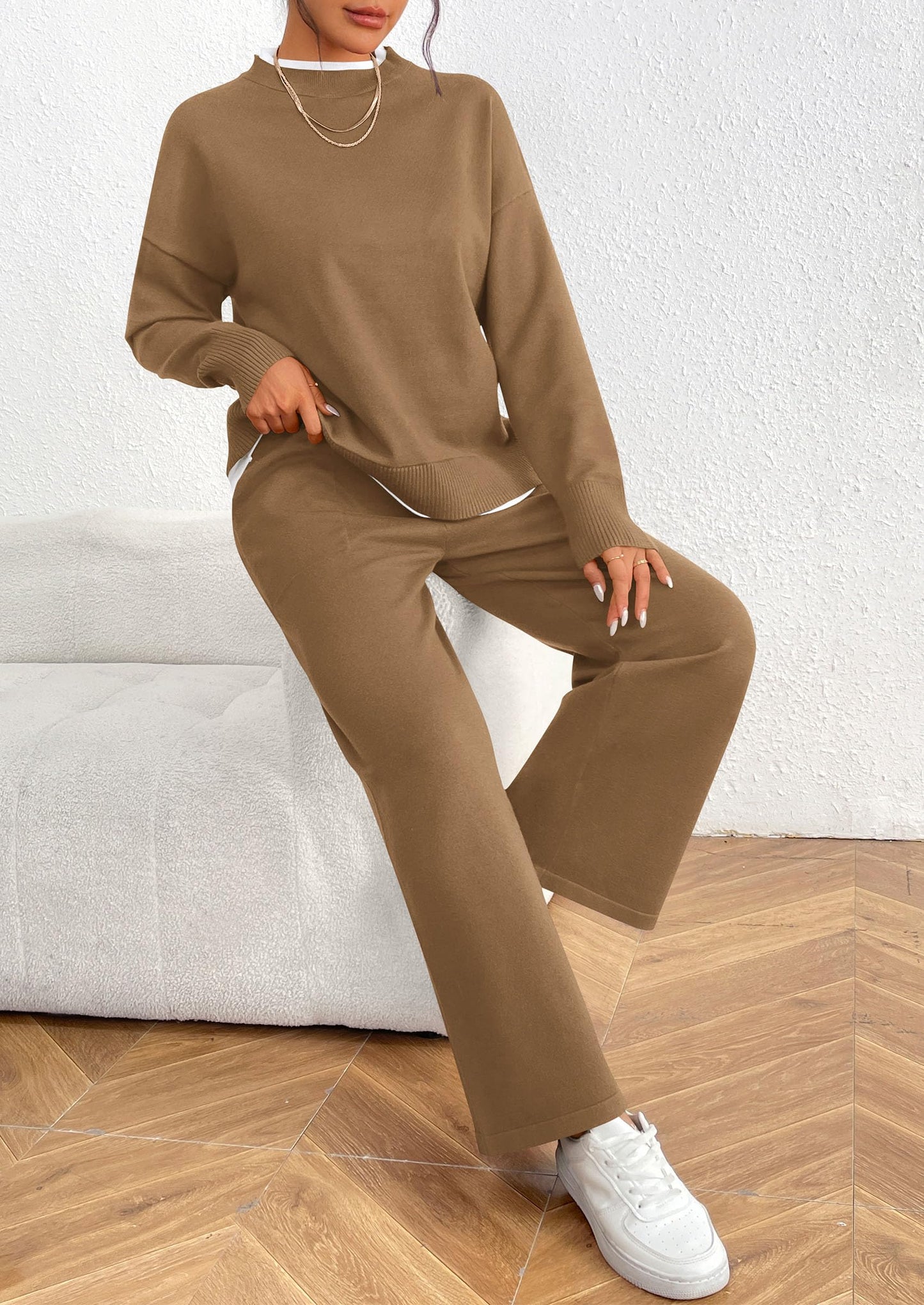 Fall 2 Piece Lounge Sets Long Sleeve Pullover Sweater Wide Leg Pants Matching Outfits Tracksuits