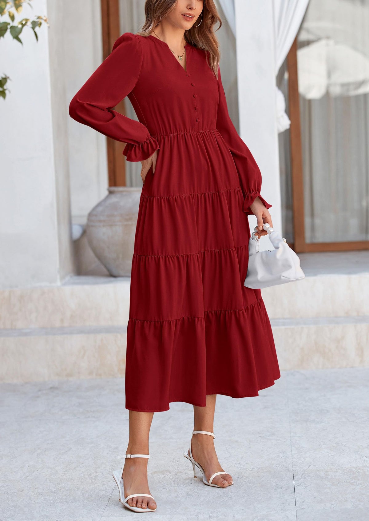 Women's Fall Maxi Dress Long Sleeve V Neck Tiered Ruffle Flowy A Line Cocktail Party Dresses