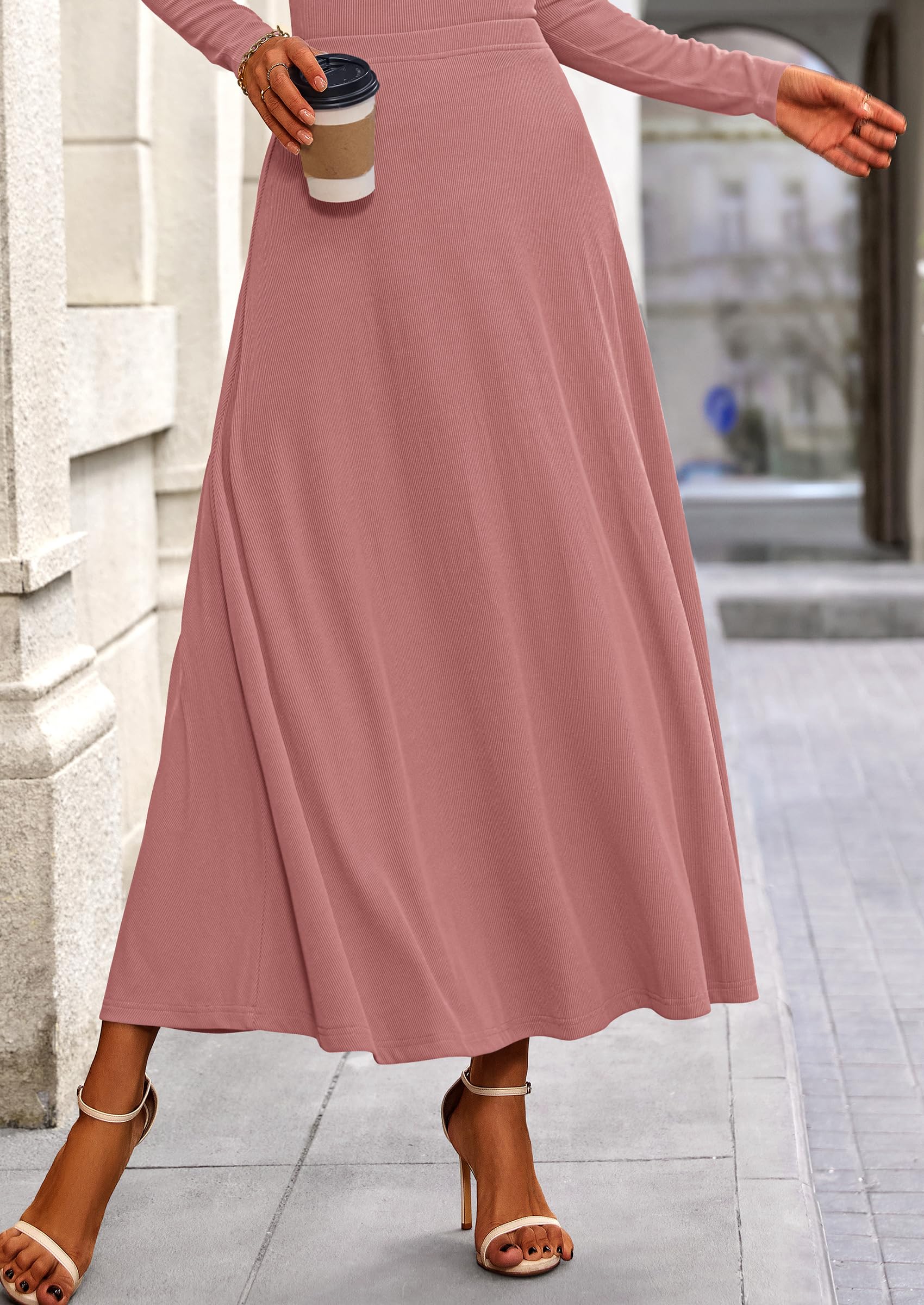 PRETTYGARDEN 2 Piece Casual Ribbed Knit Long Sleeve Crop Tops Maxi Flowy Skirts Matching Sets