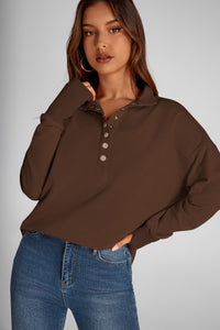 Women's Fall Fashion Button Up Sweatshirt Long Sleeve V Neck Loose Fit Casual Trendy Going Out Pullover Tops