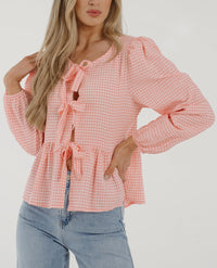 Babydoll Peplum Blouse Shirt Puff Long Sleeve Bow Tie Front Trendy Cute Y2K Going Out Tops