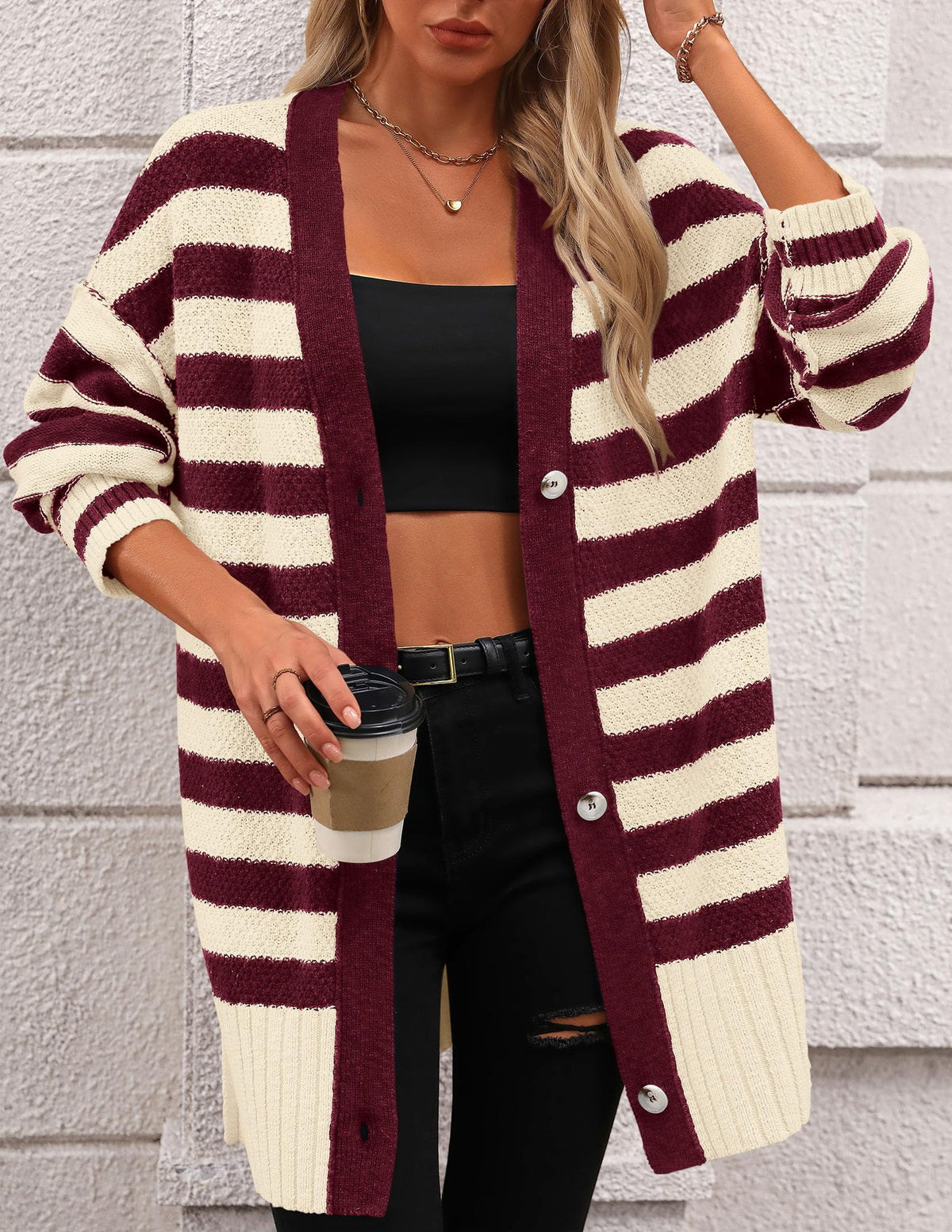 Striped Cardigan Sweaters Long Sleeve Button Down Chunky Knit Oversized Fall Sweater Coat