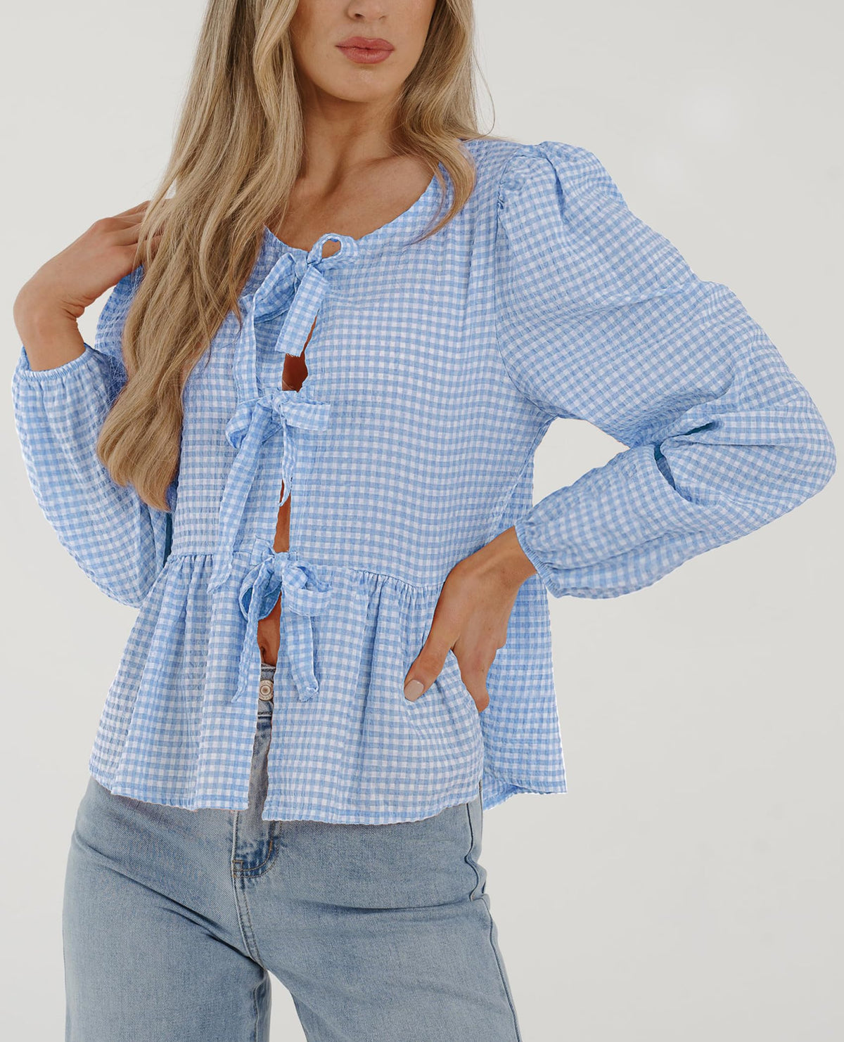 Babydoll Peplum Blouse Shirt Puff Long Sleeve Bow Tie Front Trendy Cute Y2K Going Out Tops