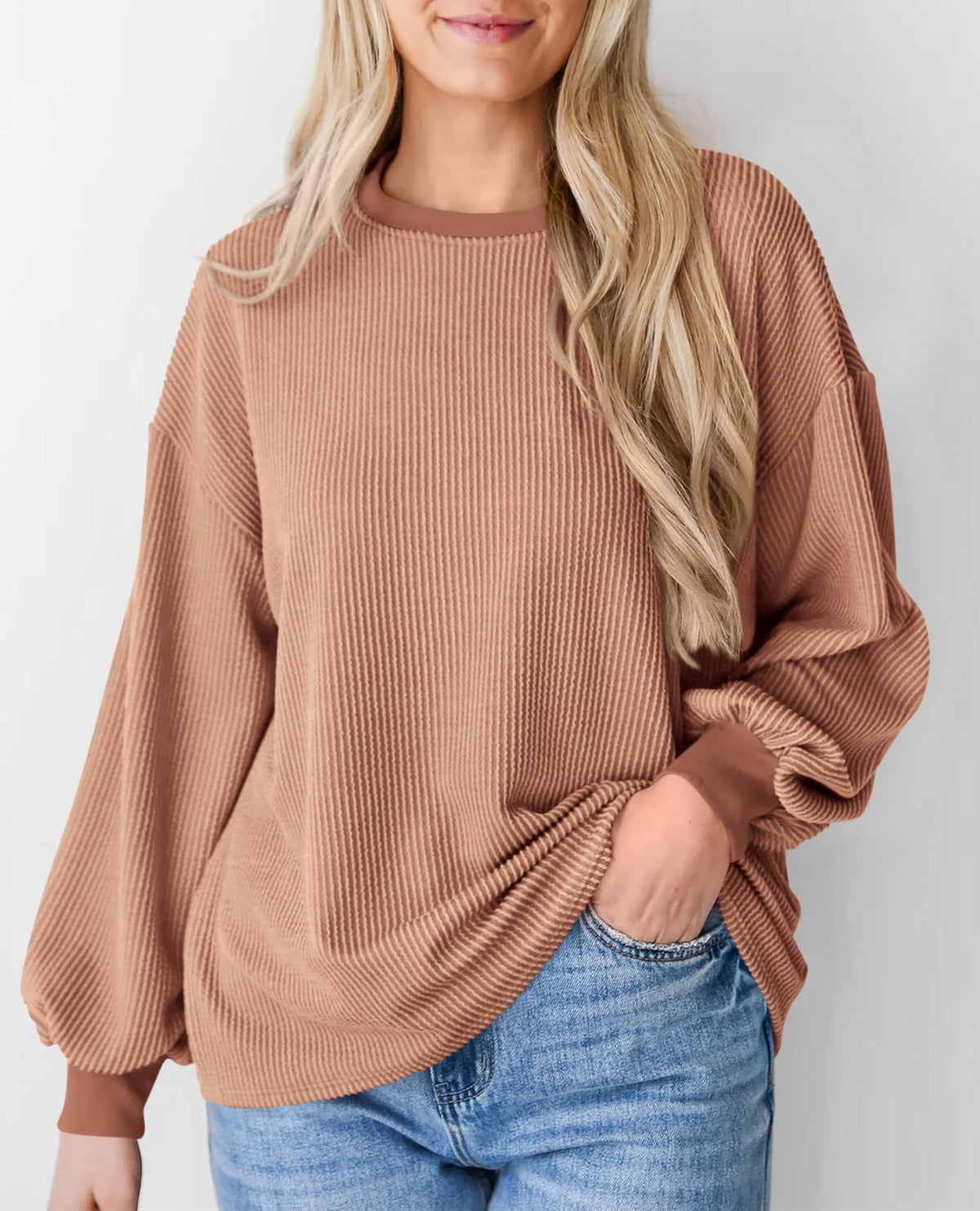 Women's Long Sleeve Tee Shirts Fall Trendy Clothes Casual Loose Crewneck Ribbed Blouse Tunic Tops