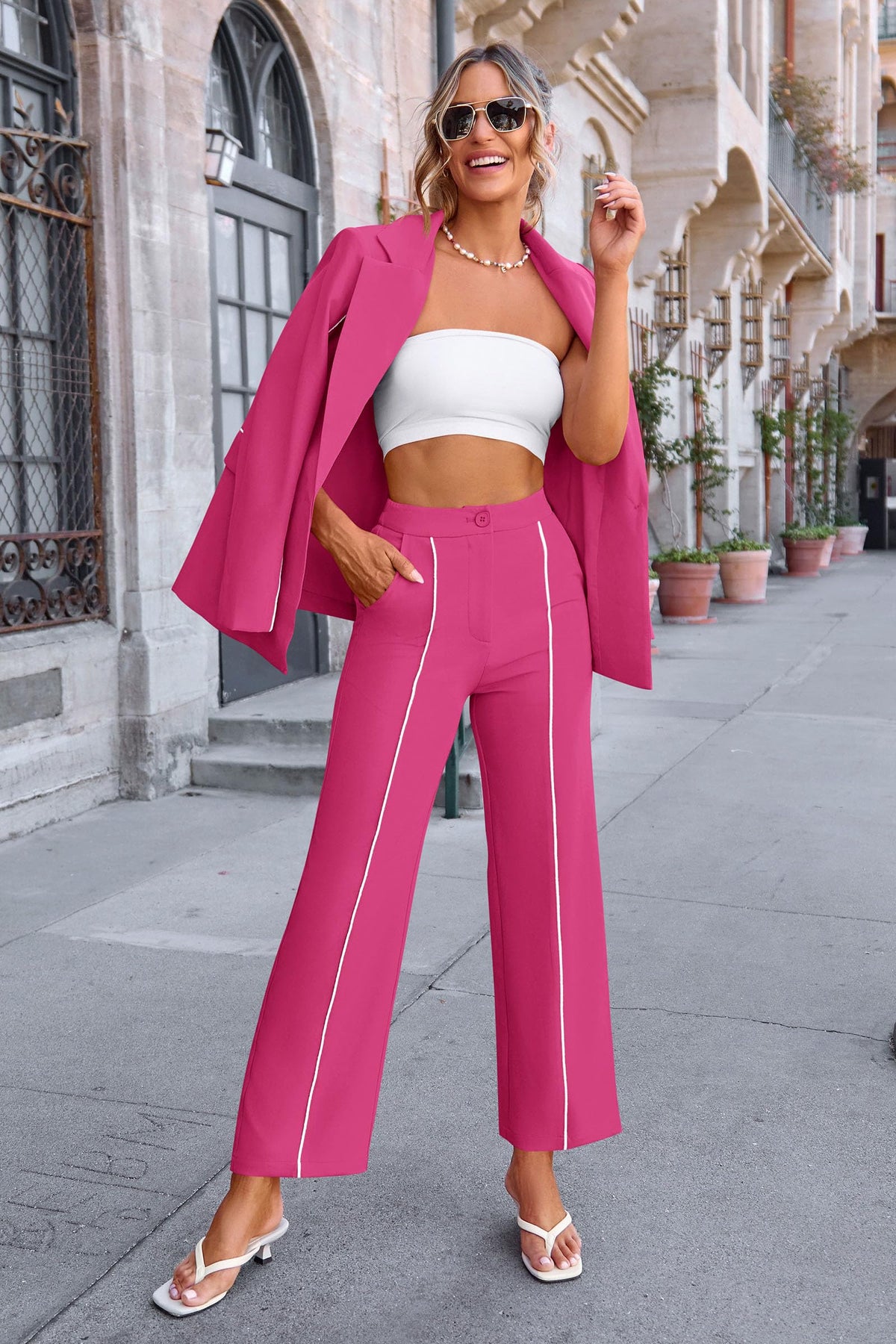 Women's Fall 2 Piece Blazer Outfits Business Casual Oversized Jacket Wide Leg Work Pants Dressy Suit Set