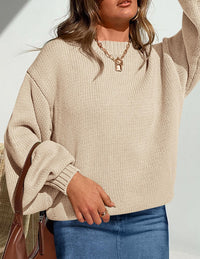 Women's 2024 Fall Chunky Knit Sweater Casual Long Lantern Sleeve Crewneck Pullover Jumper Tops