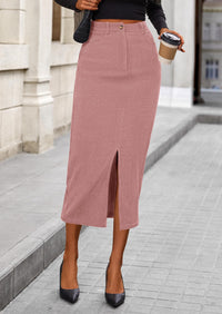 Women's Fall Midi Pencil Skirts Dressy Casual Work Office High Waisted Long Slit Corduroy Skirt