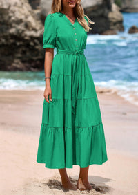 PRETTYGARDEN Women's Midi Dress Casual Short Sleeve V Neck Buttons Belted Ruffle A Line Flowy Dress with Pockets