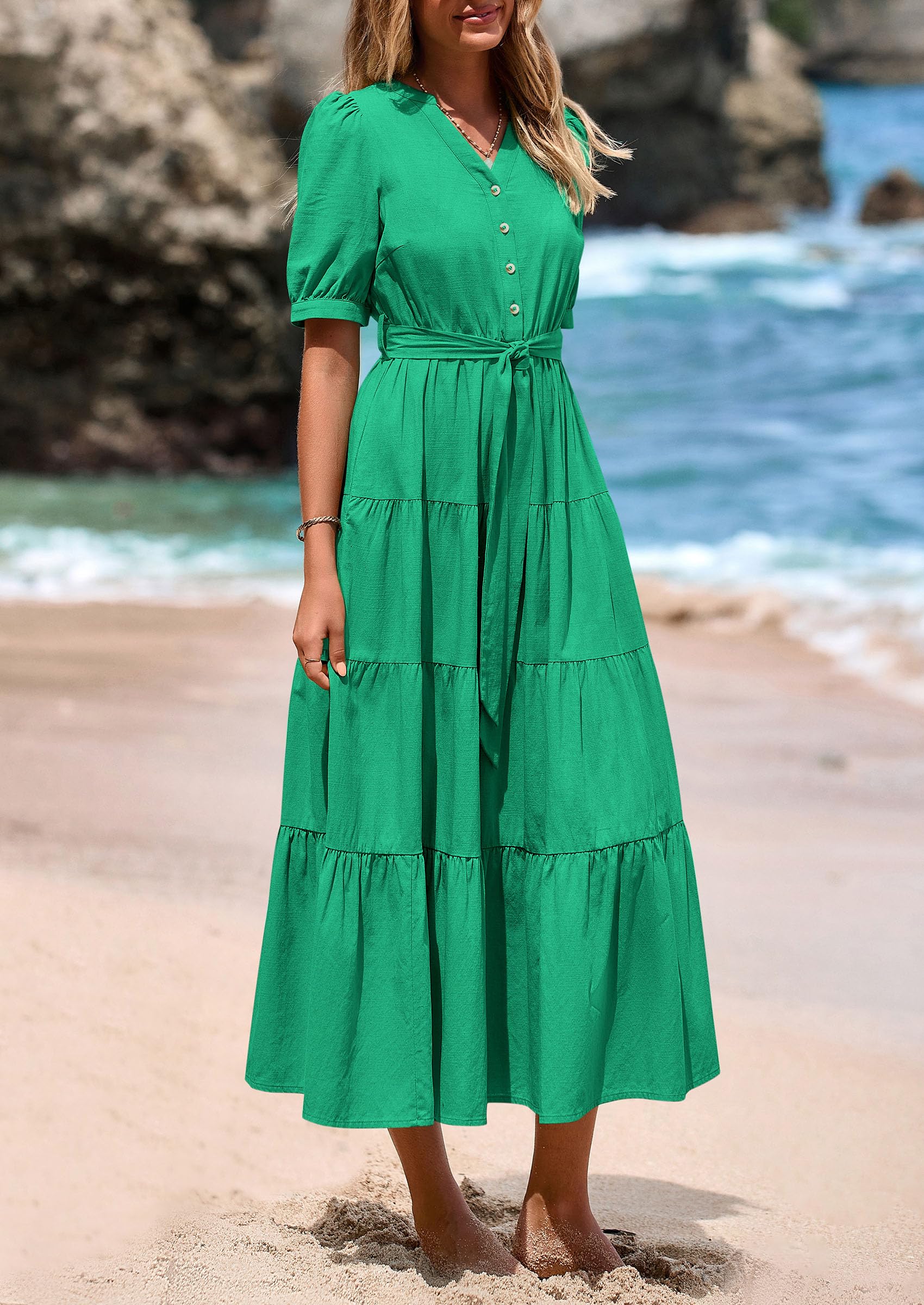 PRETTYGARDEN Women's Midi Dress Casual Short Sleeve V Neck Buttons Belted Ruffle A Line Flowy Dress with Pockets