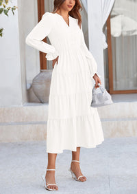 Women's Fall Maxi Dress Long Sleeve V Neck Tiered Ruffle Flowy A Line Cocktail Party Dresses