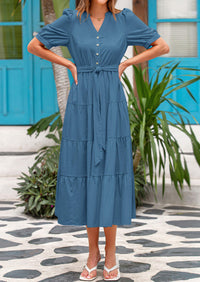 PRETTYGARDEN Women's Midi Dress Casual Short Sleeve V Neck Buttons Belted Ruffle A Line Flowy Dress with Pockets