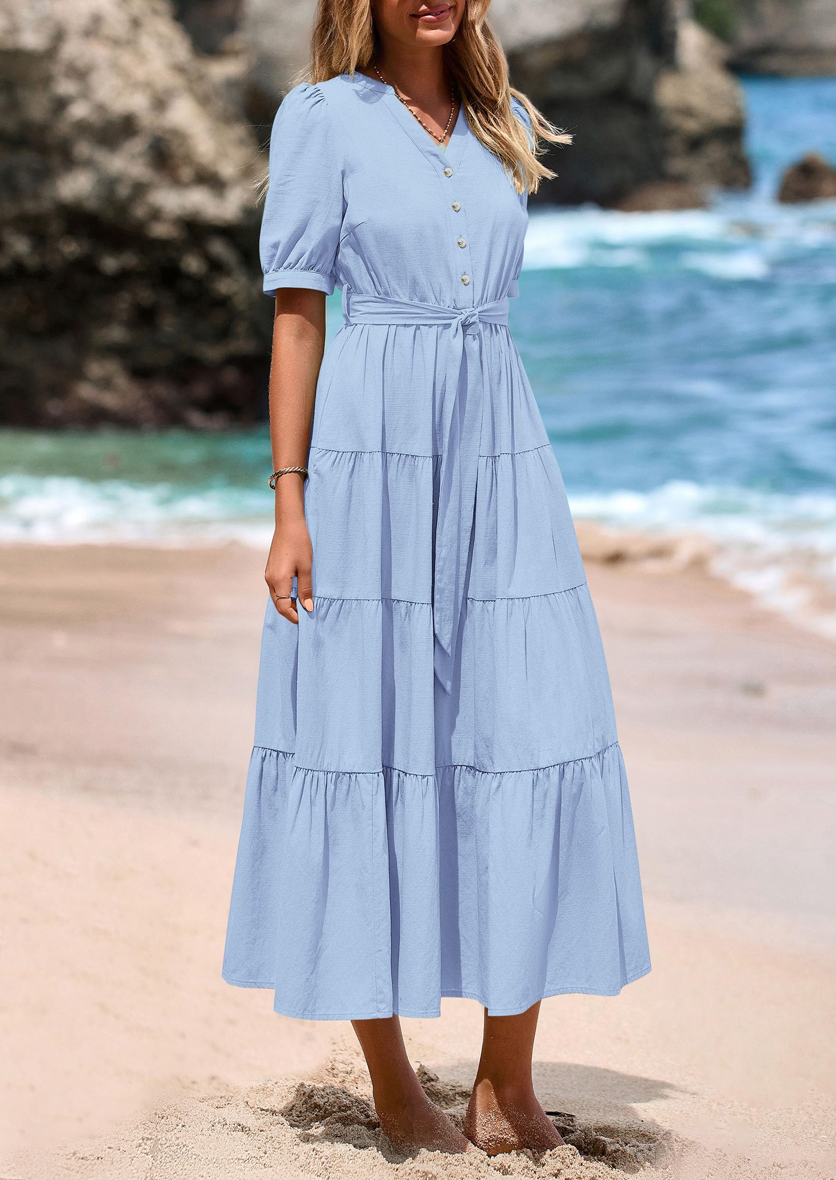 PRETTYGARDEN Women's Midi Dress Casual Short Sleeve V Neck Buttons Belted Ruffle A Line Flowy Dress with Pockets