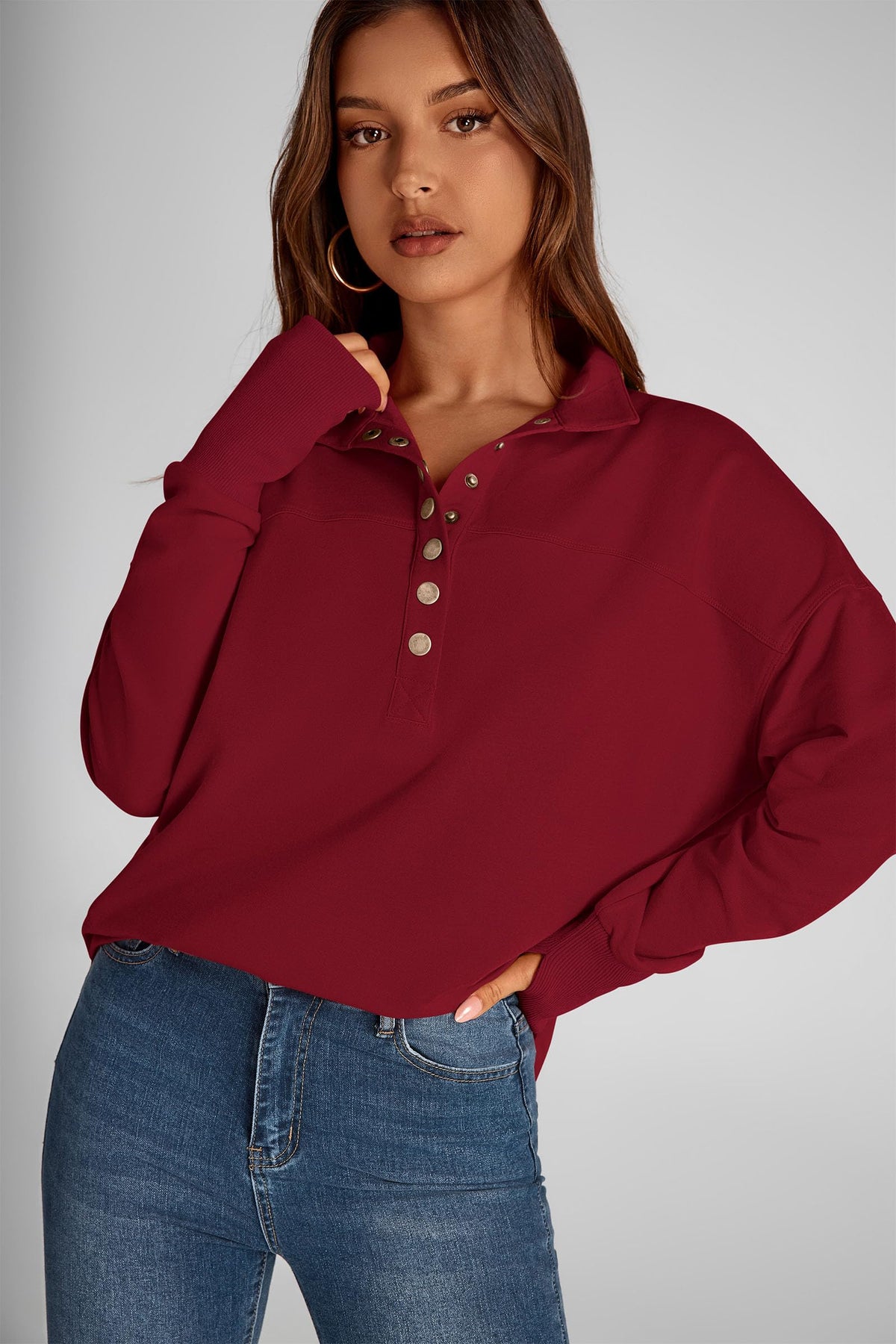 Women's Fall Fashion Button Up Sweatshirt Long Sleeve V Neck Loose Fit Casual Trendy Going Out Pullover Tops