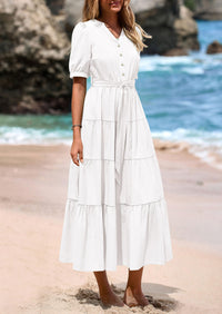 PRETTYGARDEN Women's Midi Dress Casual Short Sleeve V Neck Buttons Belted Ruffle A Line Flowy Dress with Pockets