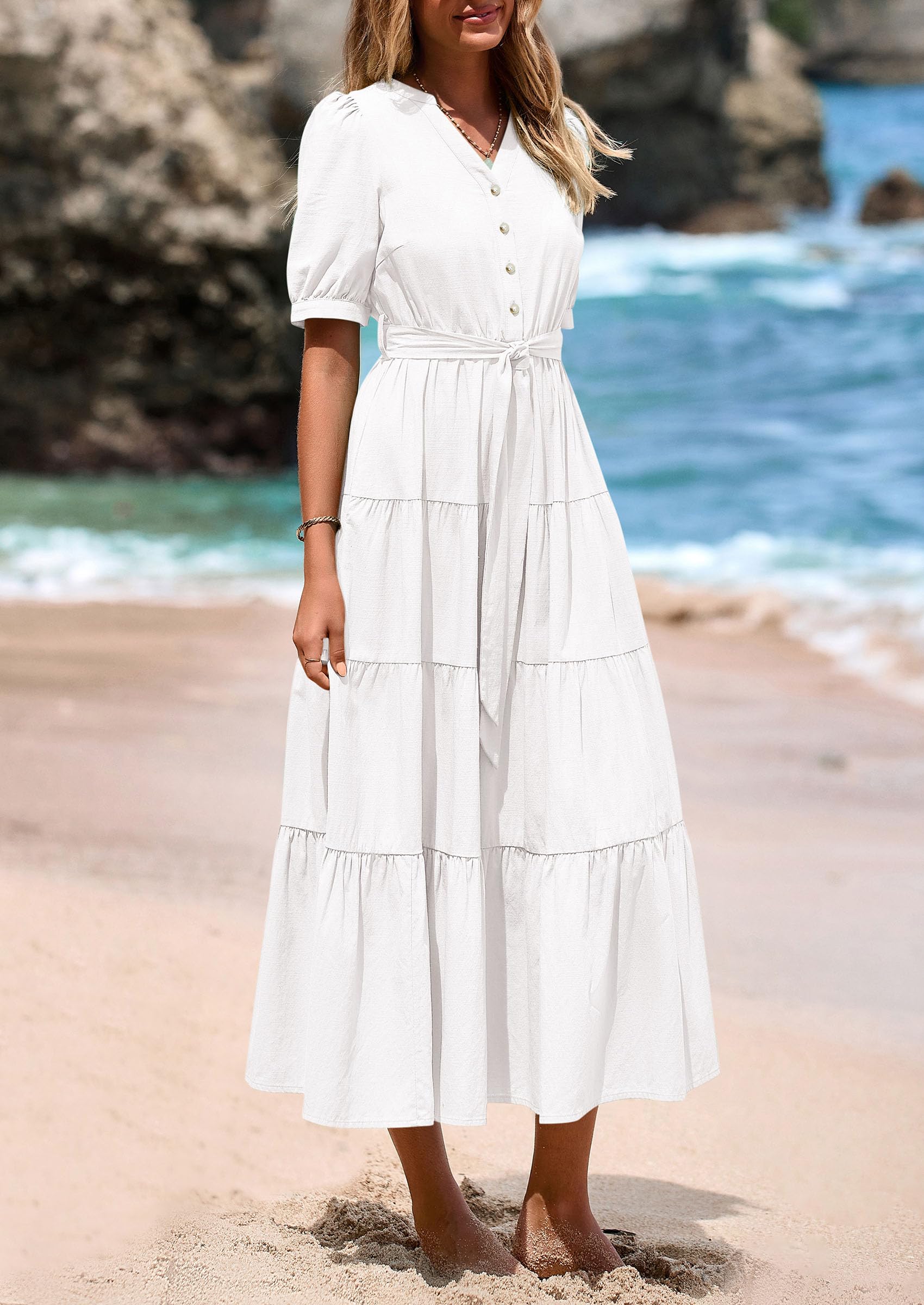 PRETTYGARDEN Women's Midi Dress Casual Short Sleeve V Neck Buttons Belted Ruffle A Line Flowy Dress with Pockets