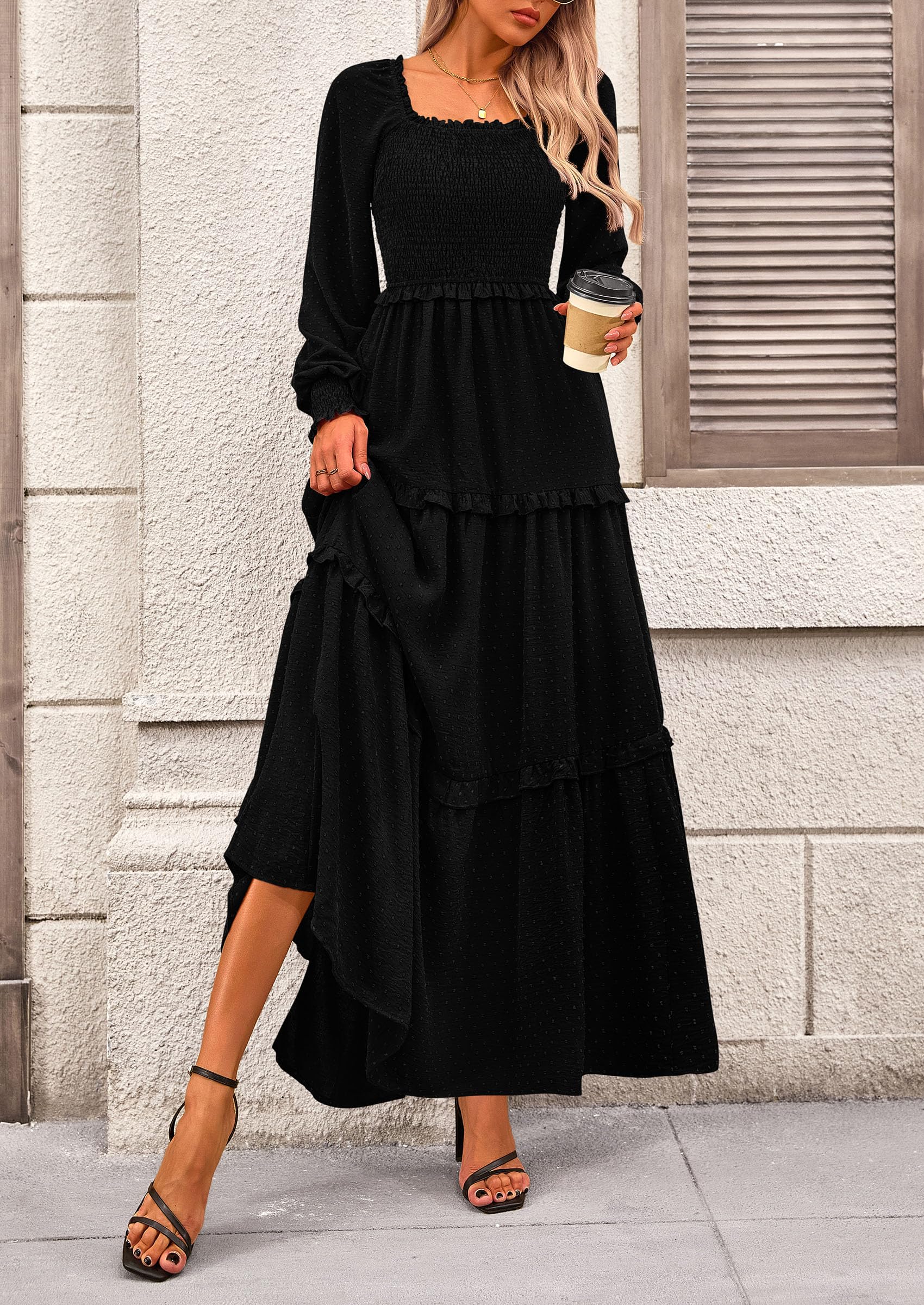 PRETTYGARDEN Women Fall Long Sleeve Smocked Maxi Dress Casual Square Neck Swiss Dot Tiered Ruffle Flowy Spring Pocket Dresses