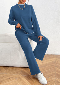 Fall 2 Piece Lounge Sets Long Sleeve Pullover Sweater Wide Leg Pants Matching Outfits Tracksuits