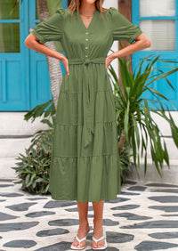 PRETTYGARDEN Women's Midi Dress Casual Short Sleeve V Neck Buttons Belted Ruffle A Line Flowy Dress with Pockets